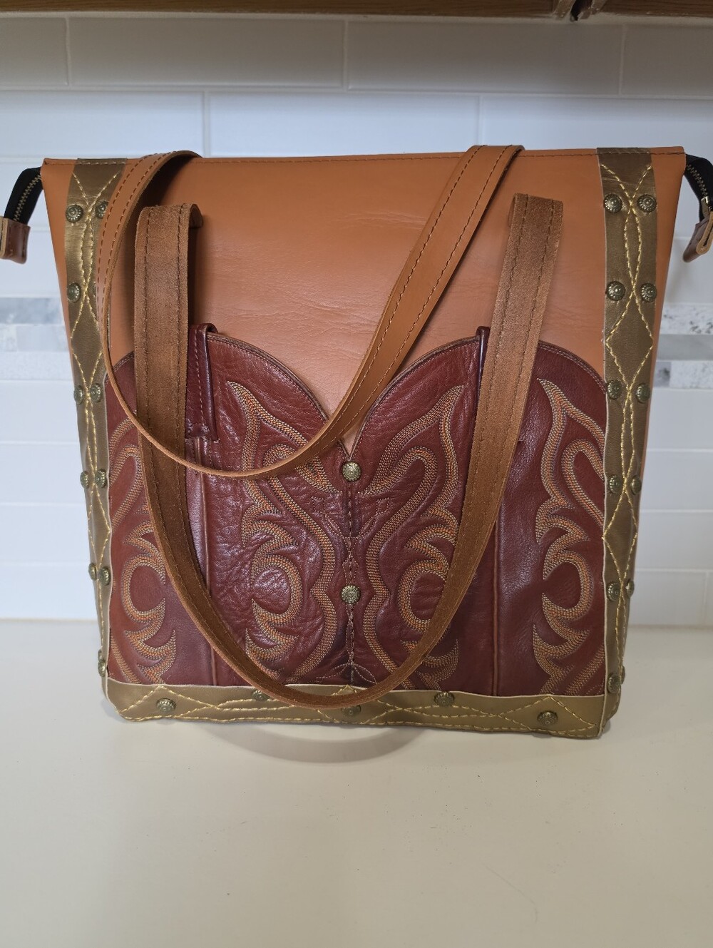 Western-Style Embossed Leather Tote in Burnt Orange and Burgundy